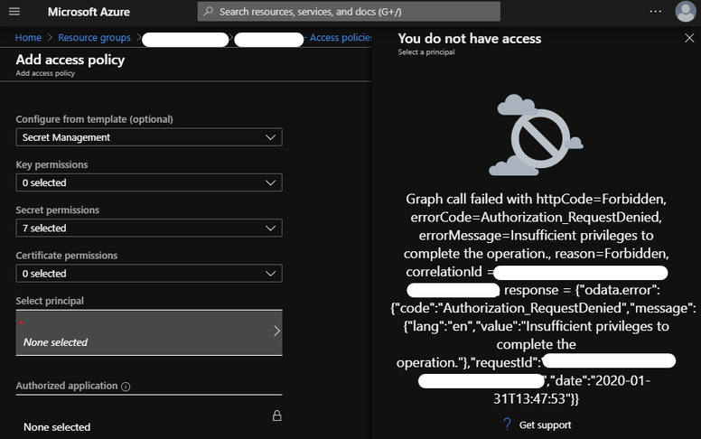 No access to AAD means no new policy in the Azure Portal