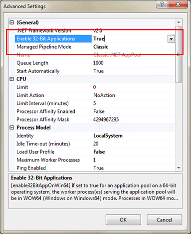 Enable 32-bit applications in IIS