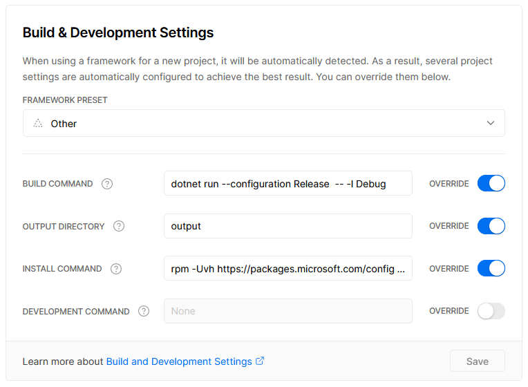 Vercel project settings for build & deployment