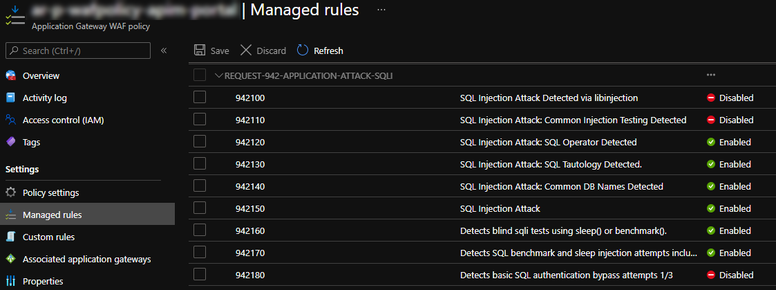 Disable WAF rules in the Azure Portal